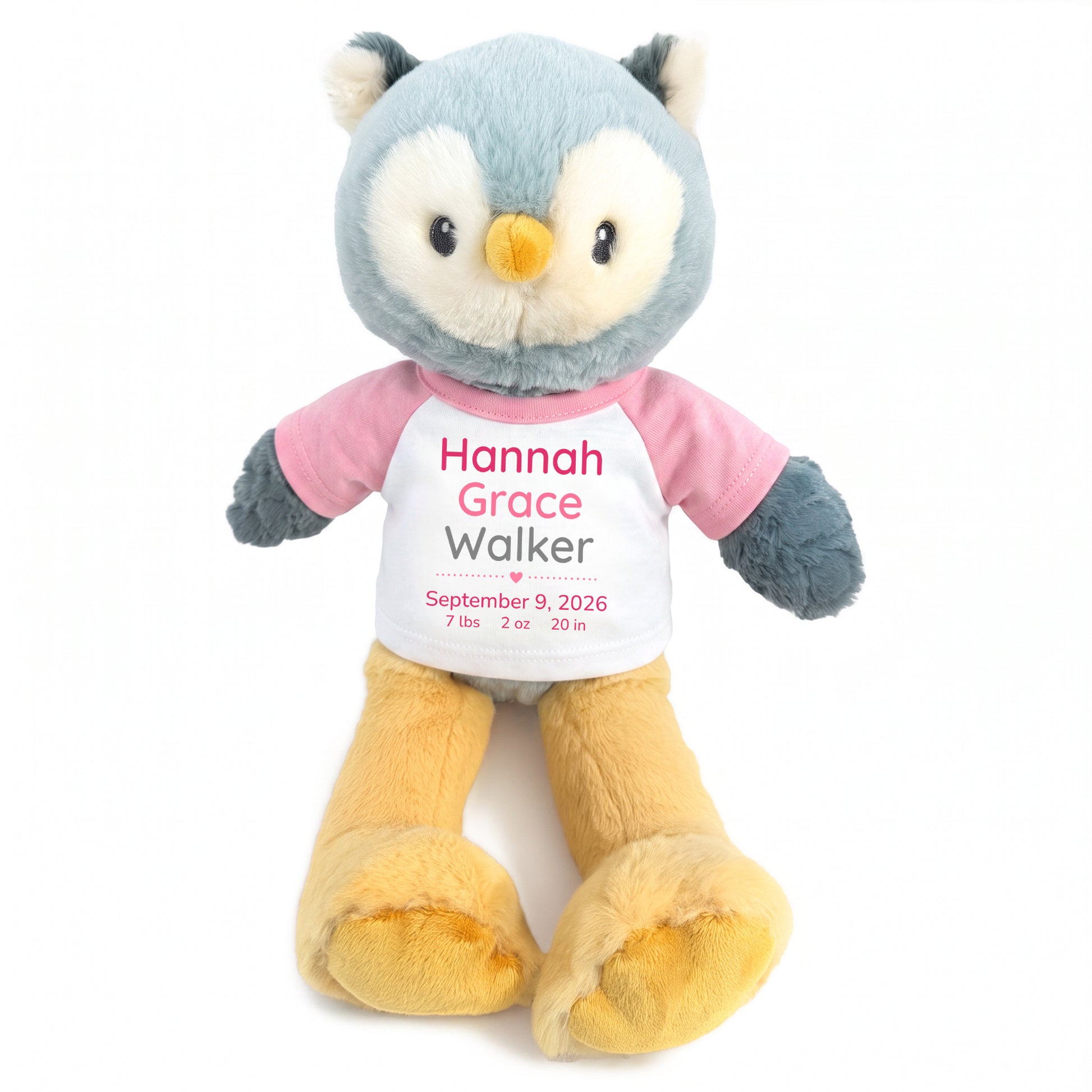 Personalized Stuffed Owl for Baby Boy or Girl - 12 Inch Ollie Owl with custom baby name, birth date, weight, and choice of shirt and text color  - Pink Shirt with Pink and Grey Text