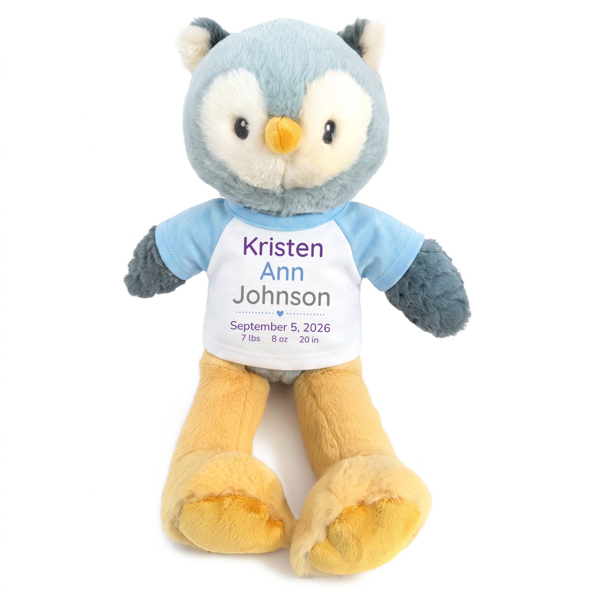 Personalized Stuffed Owl for Baby Boy or Girl - 12 Inch Ollie Owl with custom baby name, birth date, weight, and choice of shirt and text color - Light Blue Shirt with Purple, Blue, and Grey Text