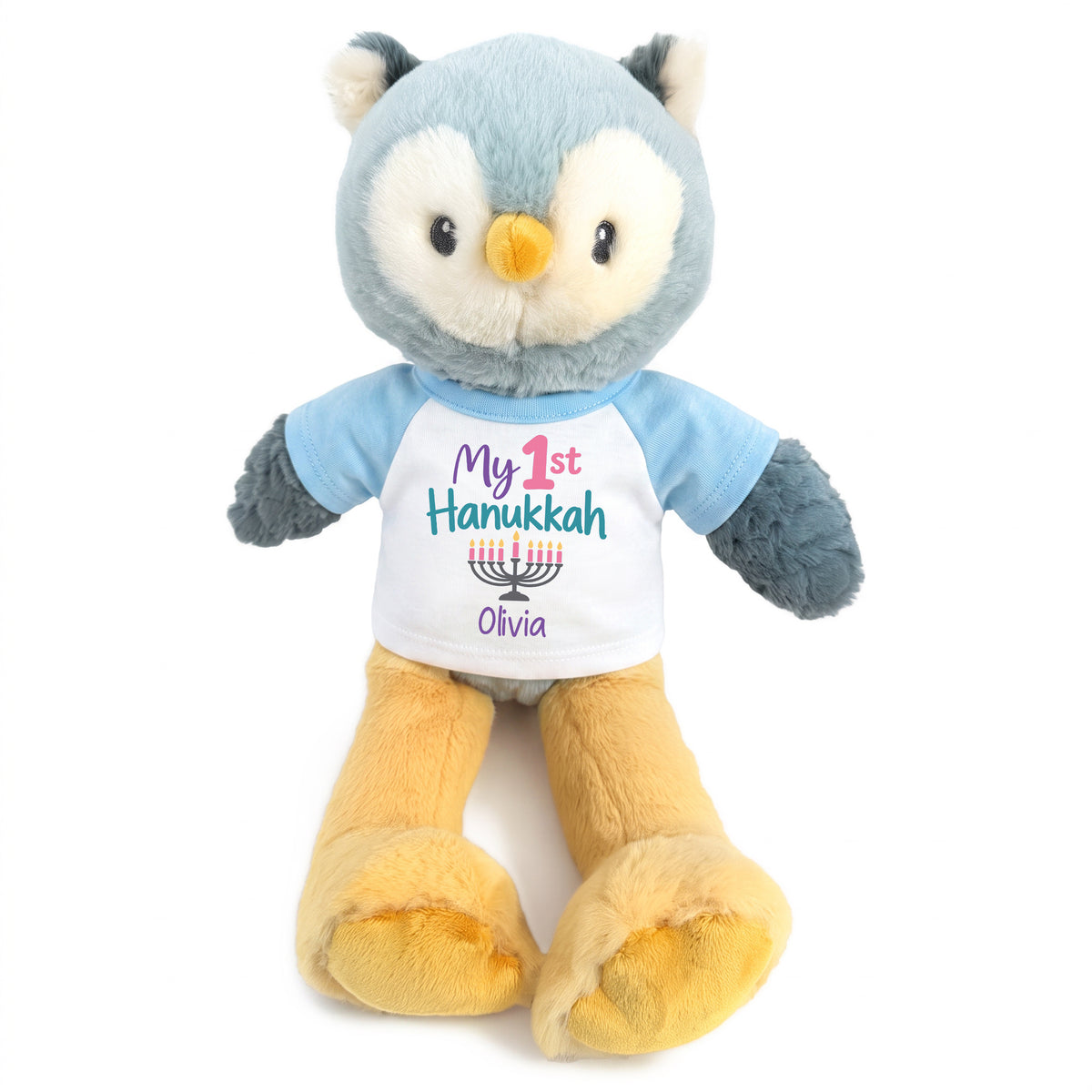 Personalized Hanukkah Stuffed Owl - 12 Inch Plush Ollie Owl - My 1st Hanukkah, Light Blue Shirt / Pastel Design