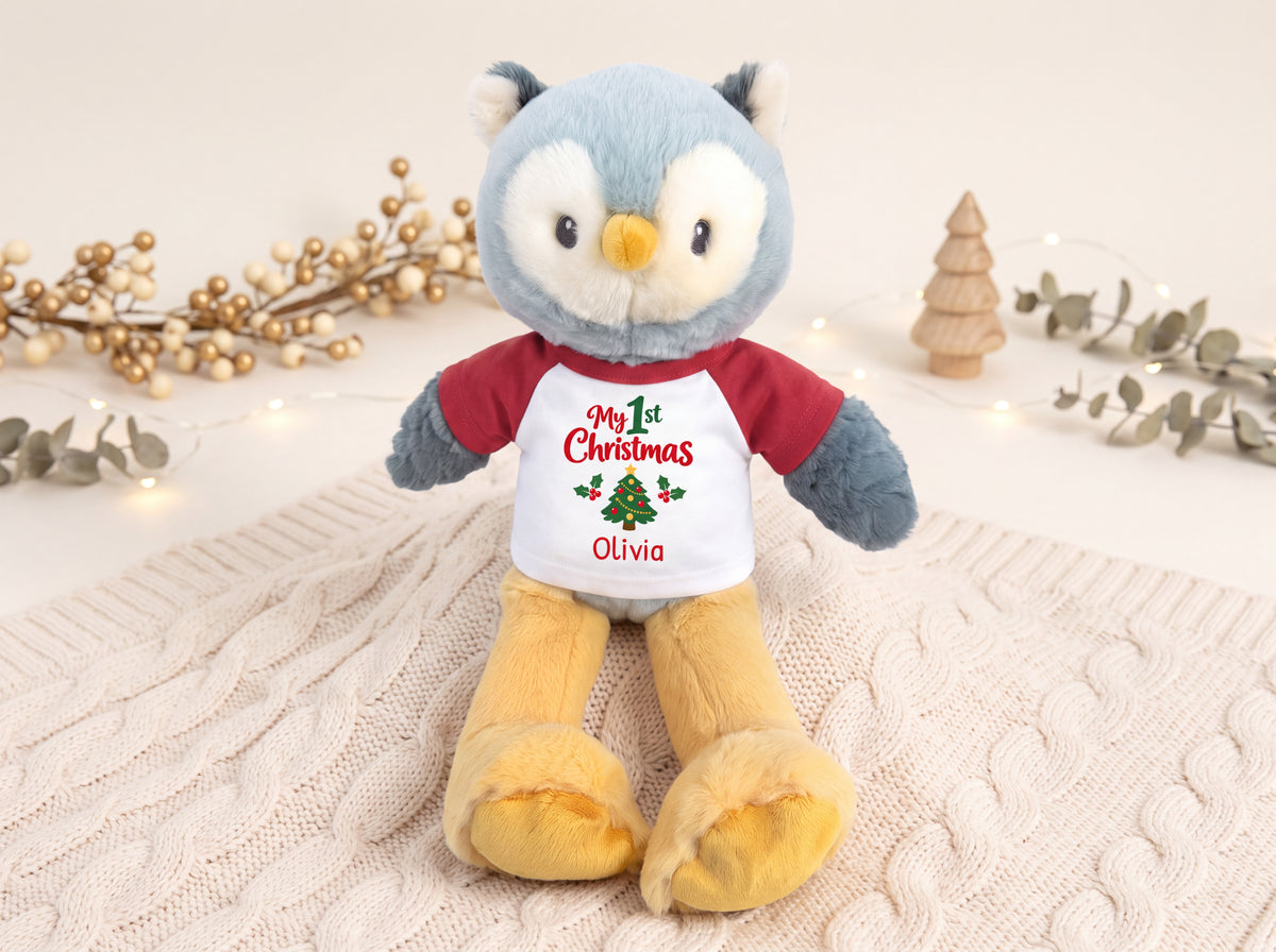 Personalized Christmas Stuffed Owl - 12 Inch Plush Ollie Owl - My First Christmas