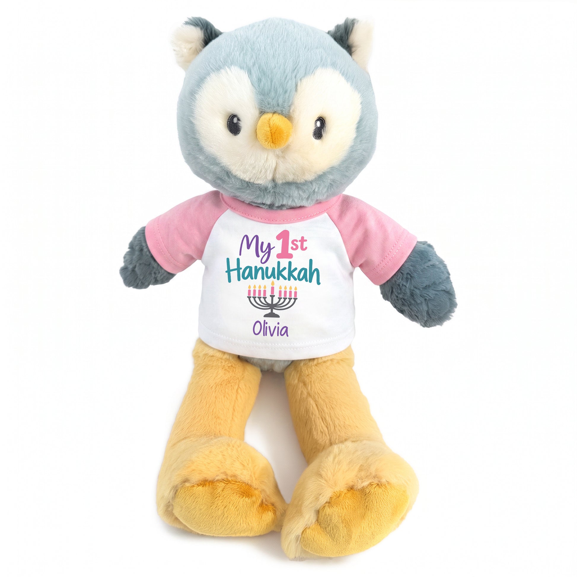 Personalized Hanukkah Stuffed Owl - 12 Inch Plush Ollie Owl - My 1st Hanukkah, Pink Shirt / Pastel Design