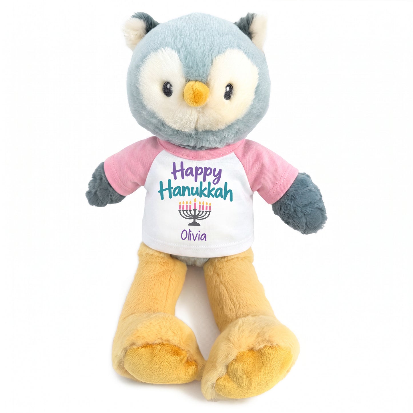 Personalized Hanukkah Stuffed Owl - 12 Inch Plush Ollie Owl - pink shirt with pastel Happy Hanukkah design