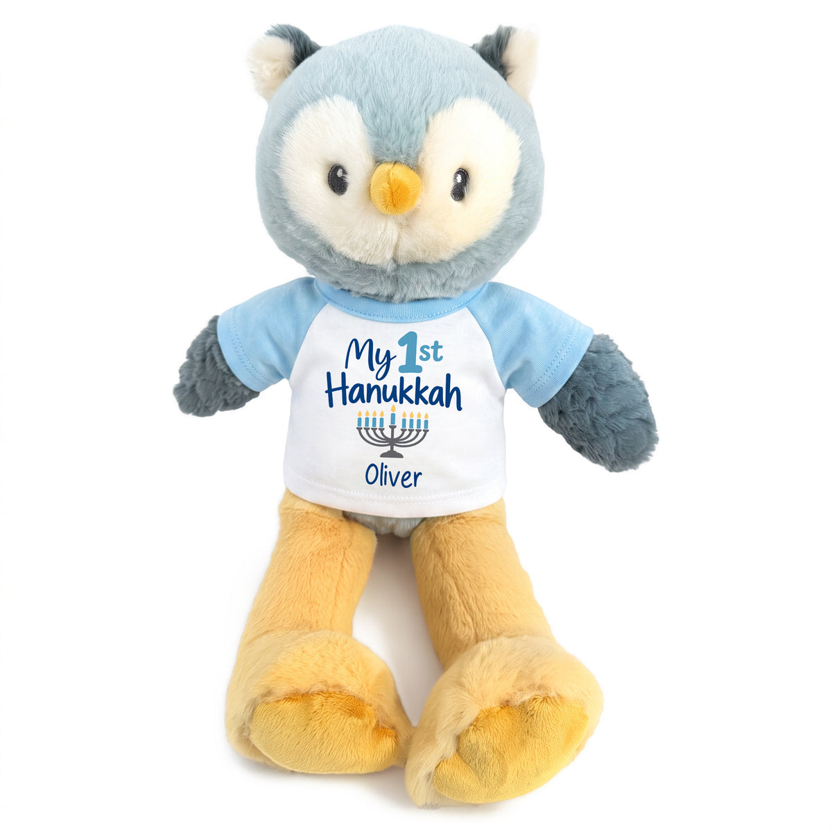 Personalized Hanukkah Stuffed Owl - 12 Inch Plush Ollie Owl - My 1st Hanukkah, Light Blue Shirt / Blue Design