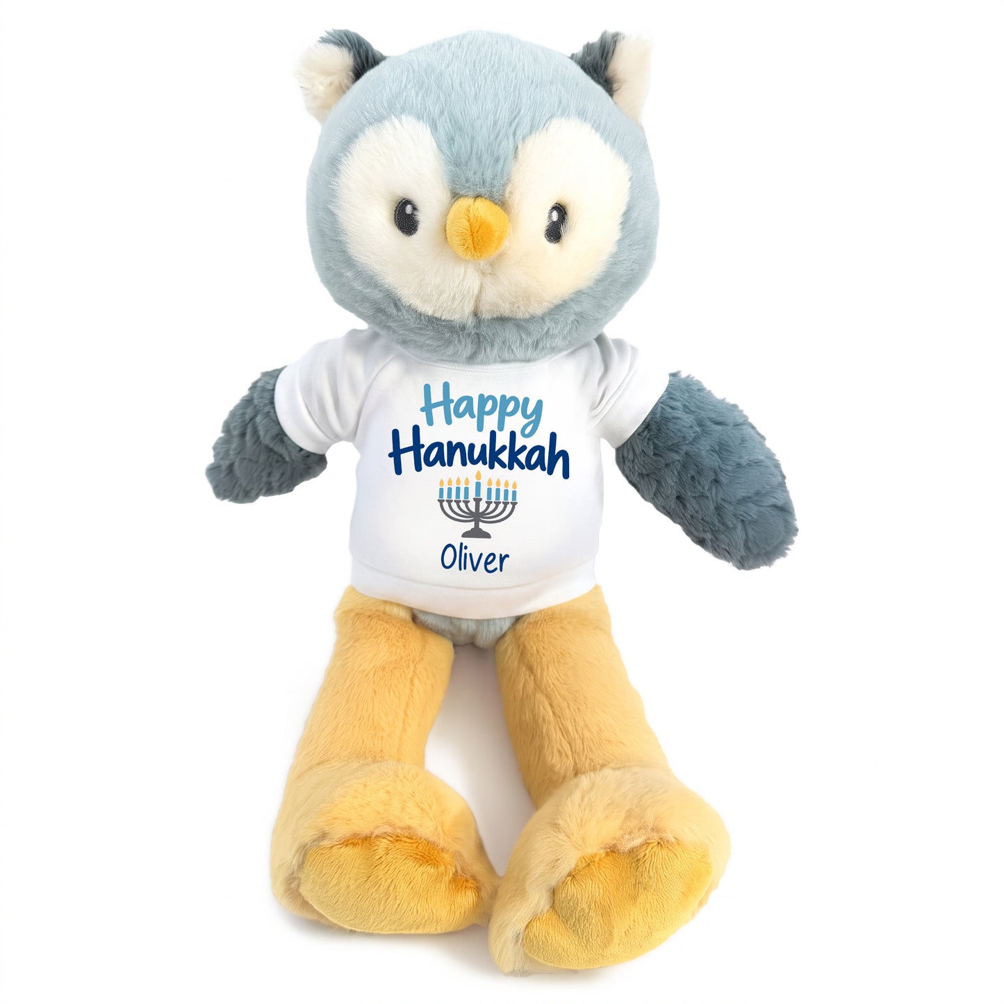 Personalized Hanukkah Stuffed Owl - 12 Inch Plush Ollie Owl - white shirt with blue Happy Hanukkah design
