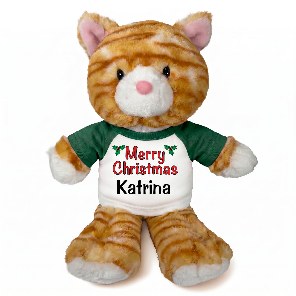 Personalized Christmas Stuffed Cat - 12 Inch Plush Tabby Cat - Green shirt with holly design