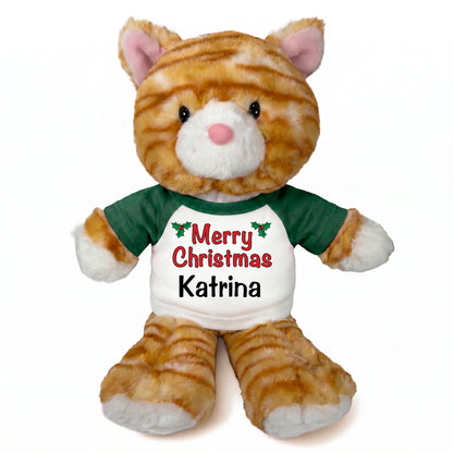 Personalized Christmas Stuffed Cat - 12 Inch Plush Tabby Cat - Green shirt with holly design