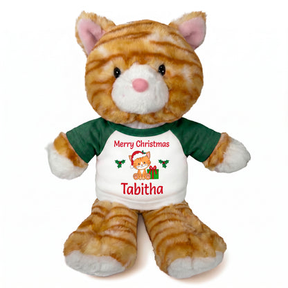 Personalized Christmas Stuffed Cat - 12 Inch Plush Tabby Cat - Green Shirt with cat design