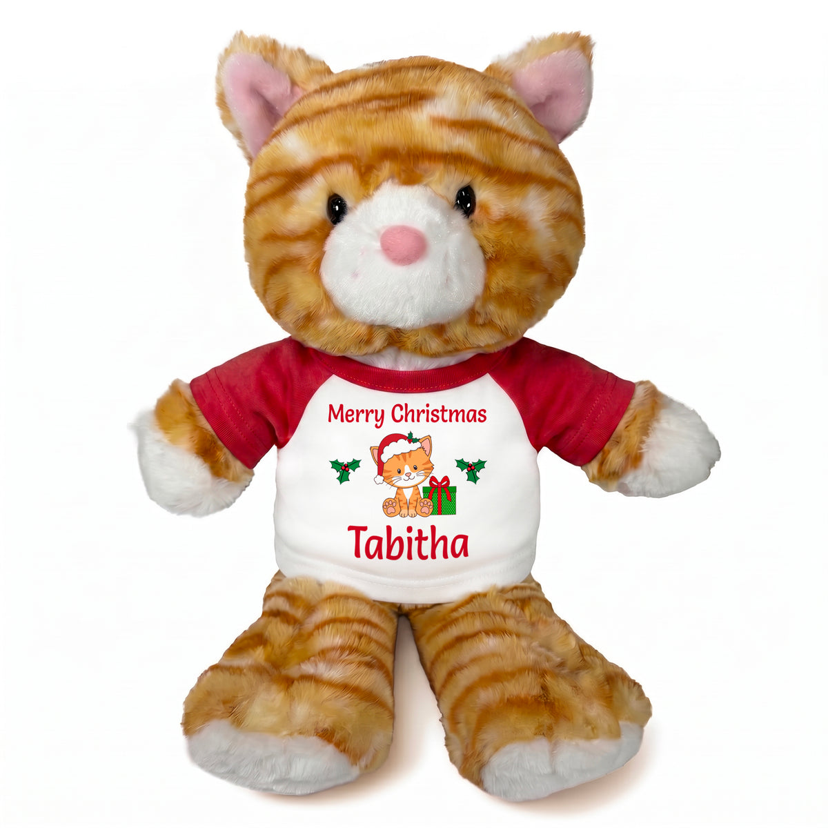 Personalized Christmas Stuffed Cat - 12 Inch Plush Tabby Cat - Red shirt with cat design