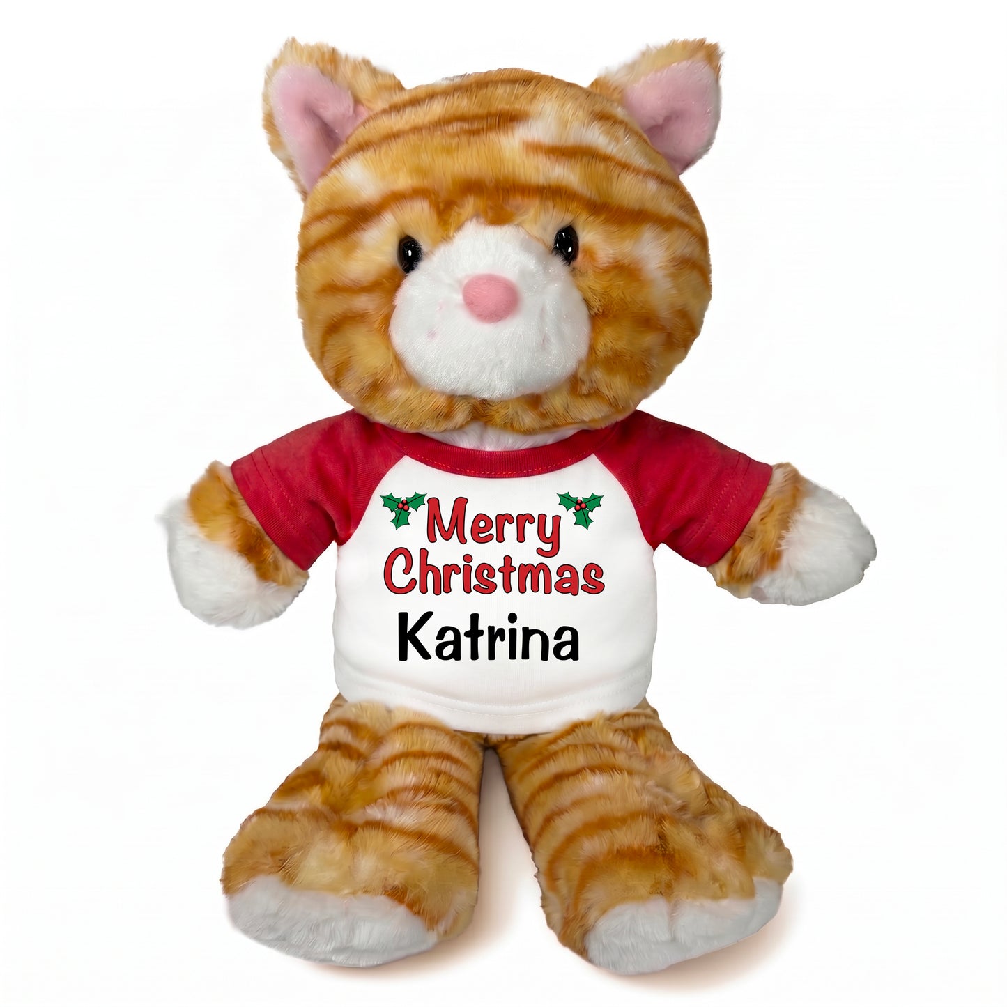 Personalized Christmas Stuffed Cat - 12 Inch Plush Tabby Cat - Red shirt with holly design