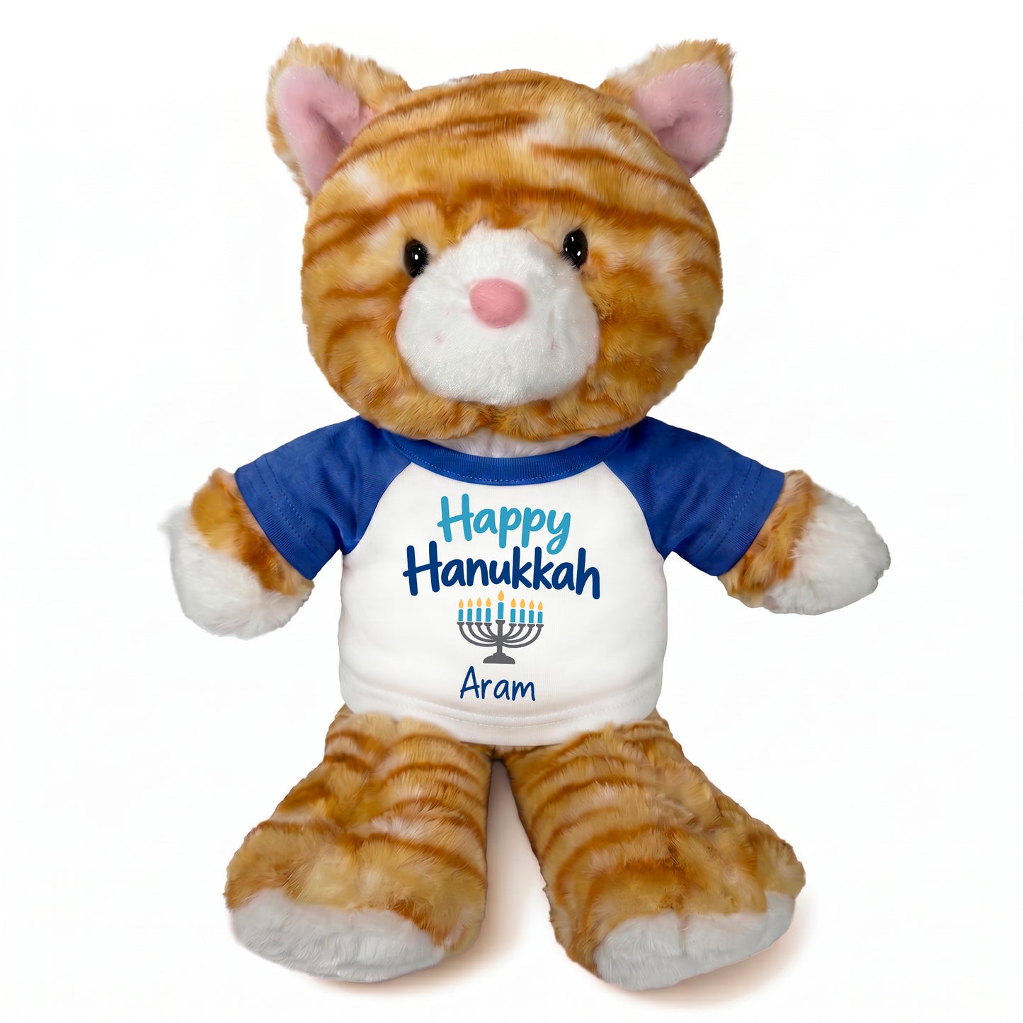 Personalized Hanukkah Stuffed Cat - 12 Inch Plush Tabby Cat - Happy Hanukkah Design - Royal Blue shirt with blue design