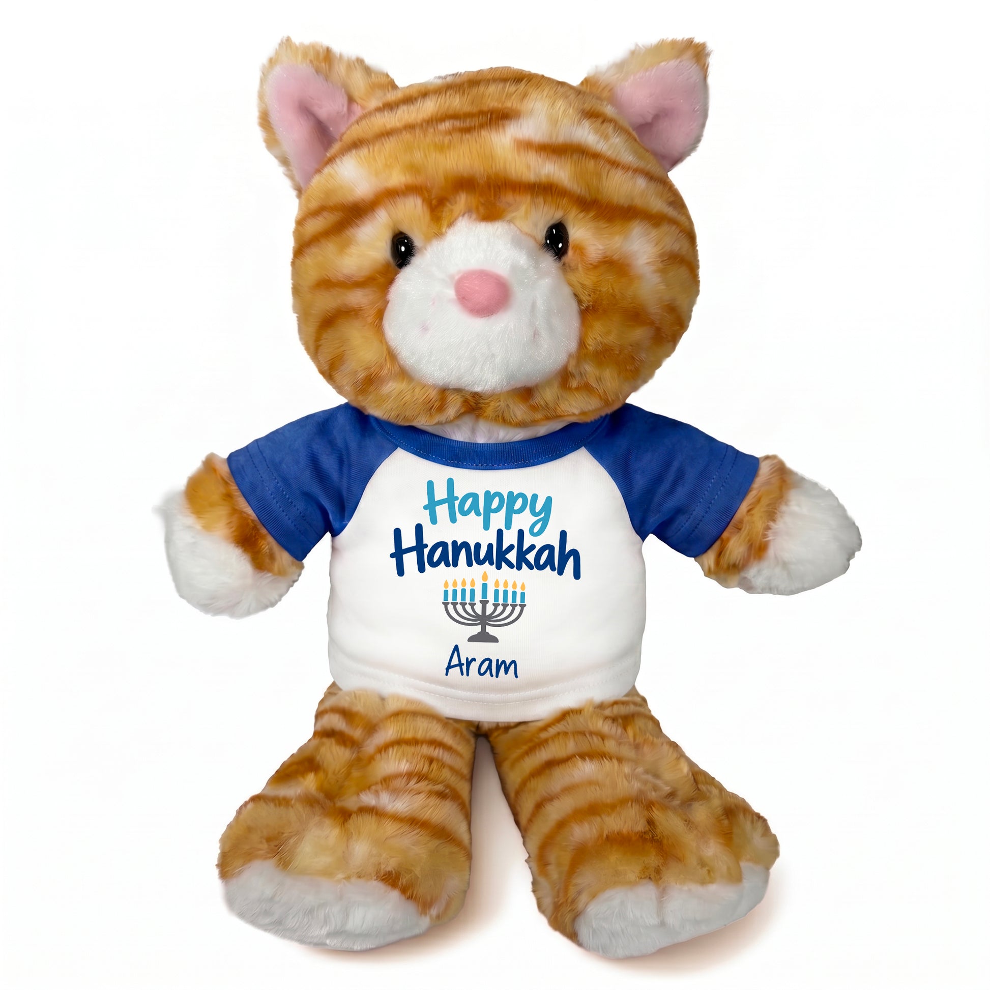 Personalized Hanukkah Stuffed Cat - 12 Inch Plush Tabby Cat - Happy Hanukkah Design - Royal Blue shirt with blue design