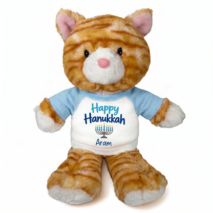 Personalized Hanukkah Stuffed Cat - 12 Inch Plush Tabby Cat - Happy Hanukkah Design - light blue shirt with blue design