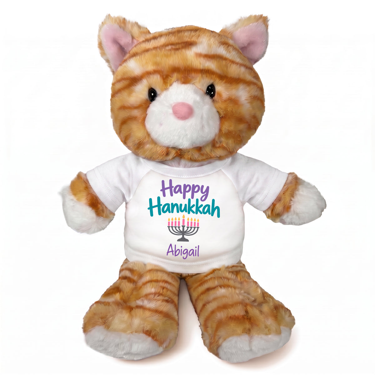 Personalized Hanukkah Stuffed Cat - 12 Inch Plush Tabby Cat - Happy Hanukkah Design - white shirt with pastel design