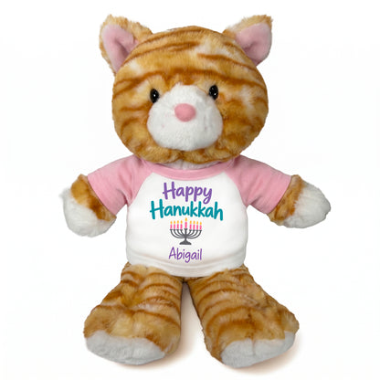 Personalized Hanukkah Stuffed Cat - 12 Inch Plush Tabby Cat - Happy Hanukkah Design - pink shirt with pastel design