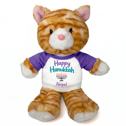 Personalized Hanukkah Stuffed Cat - 12 Inch Plush Tabby Cat - Happy Hanukkah Design - purple shirt with pastel design