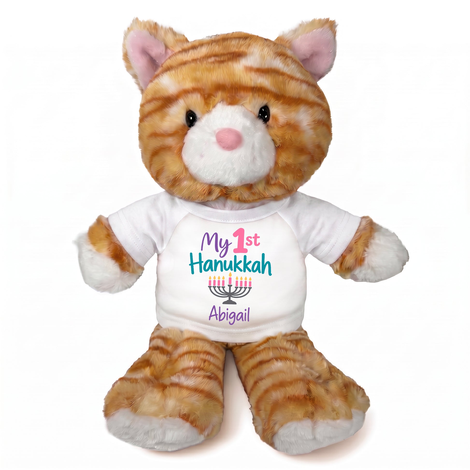 Personalized Hanukkah Stuffed Cat - 12 Inch Plush Tabby Cat - My First Hanukkah Design - white shirt with pastel design