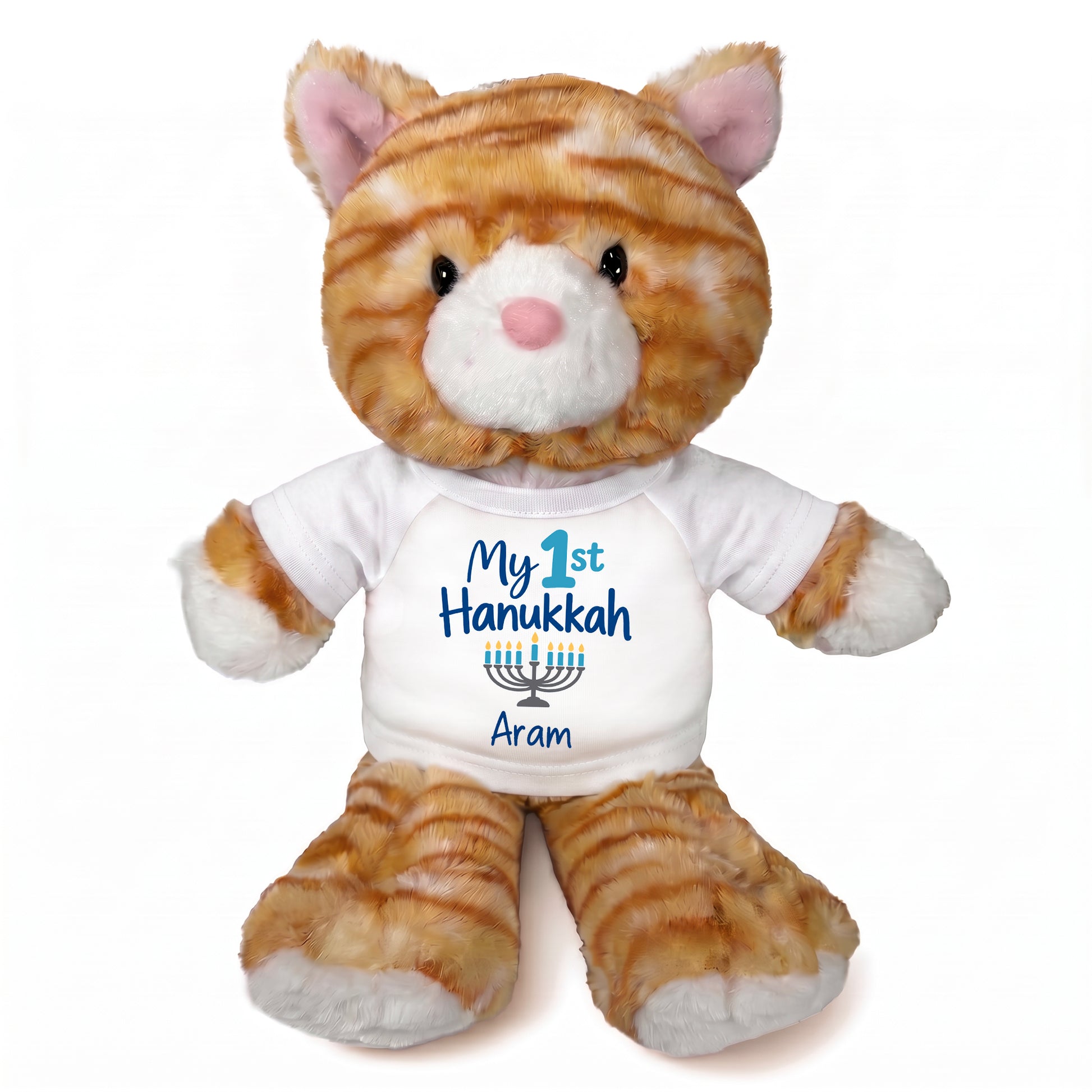 Personalized Hanukkah Stuffed Cat - 12 Inch Plush Tabby Cat - My First Hanukkah Design - white shirt with blue design
