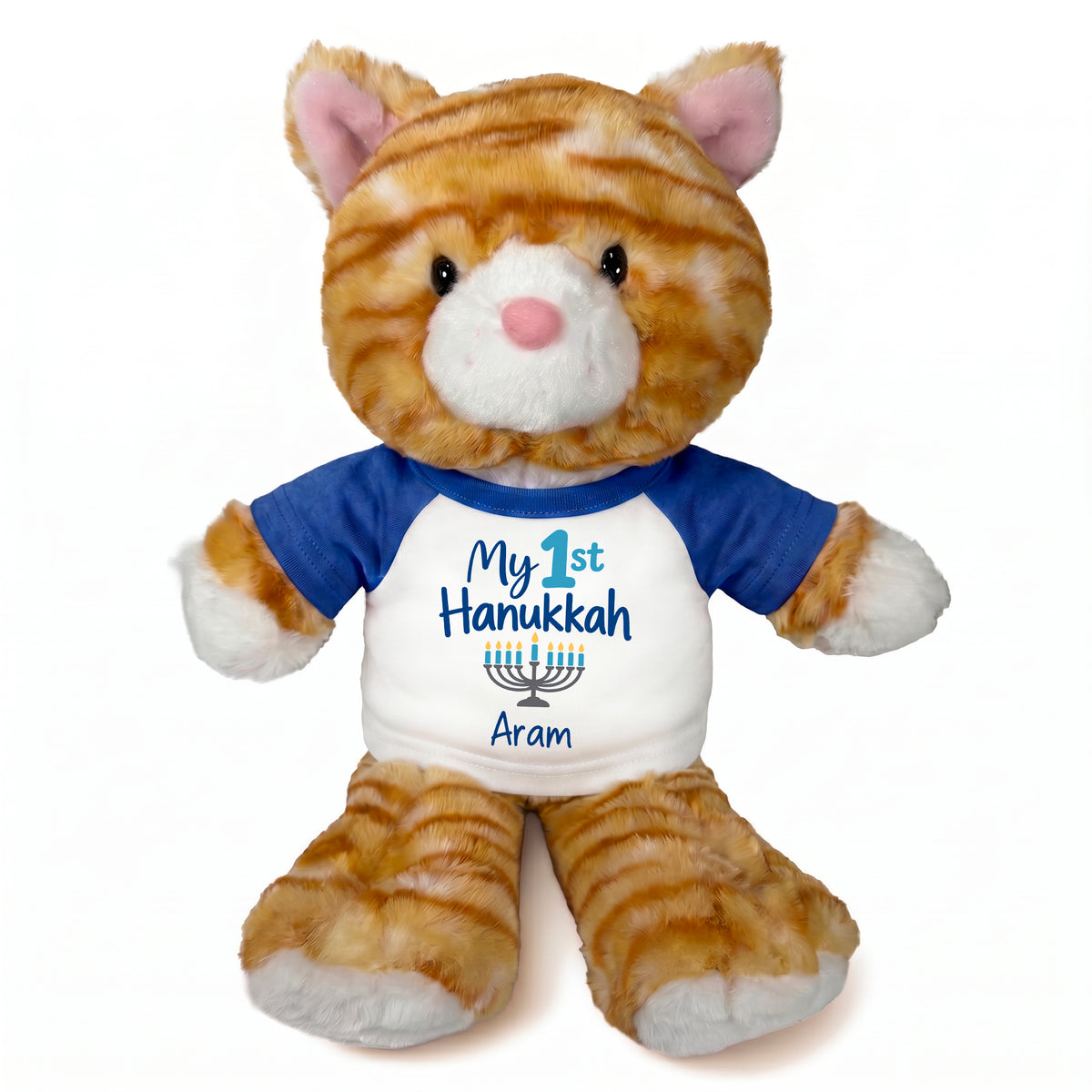 Personalized Hanukkah Stuffed Cat - 12 Inch Plush Tabby Cat - My First Hanukkah Design - royal blue shirt with blue design