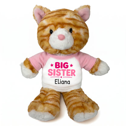 Personalized Big Sister Stuffed Cat - 12 Inch Plush Orange Tabby Cat - Pink Shirt with Pink Design