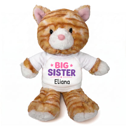 Personalized Big Sister Stuffed Cat - 12 Inch Plush Orange Tabby Cat - White Shirt with Pink and Purple Design