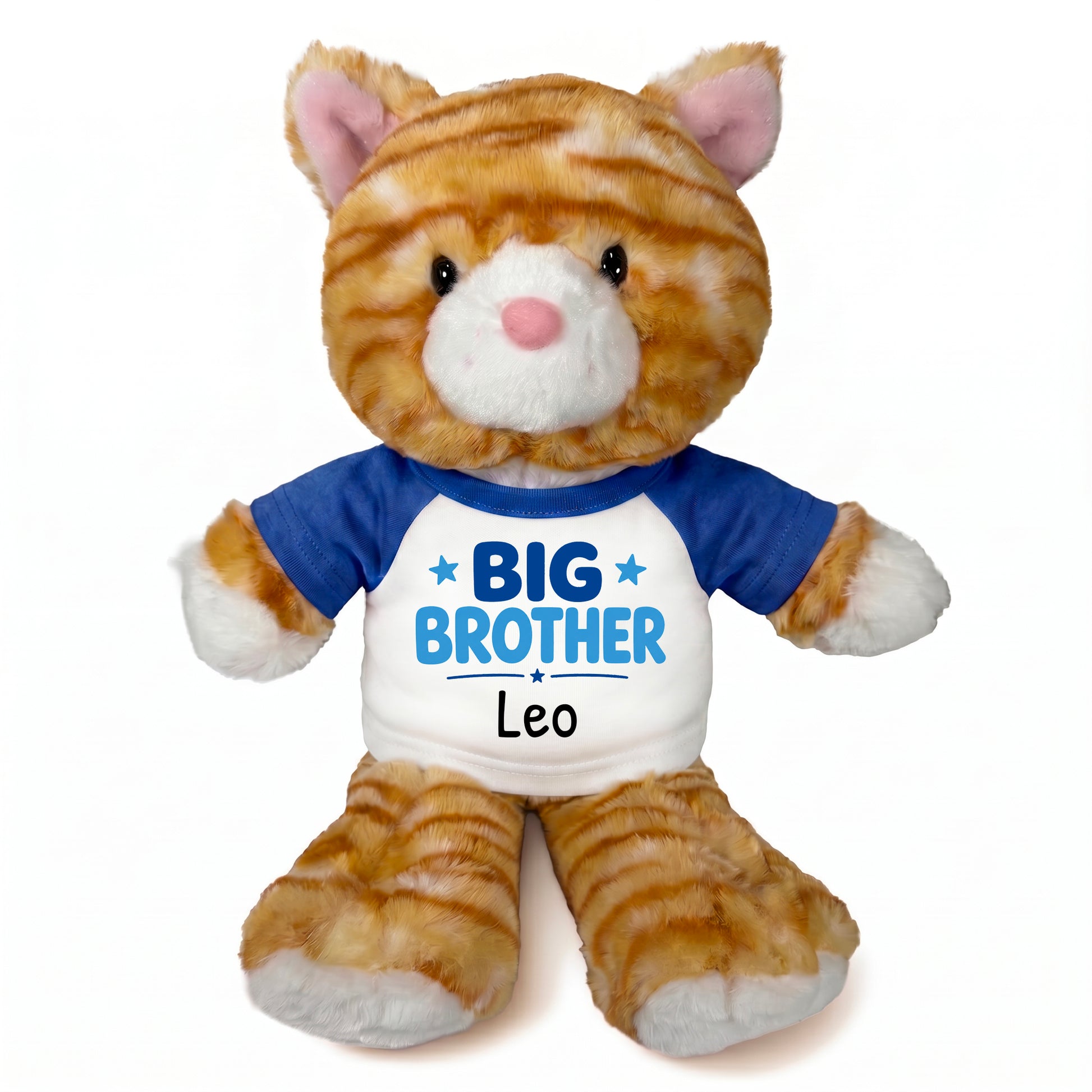 Personalized Big Brother Stuffed Cat - 12 Inch Plush Tabby Cat - Royal Blue Shirt with Blue Design