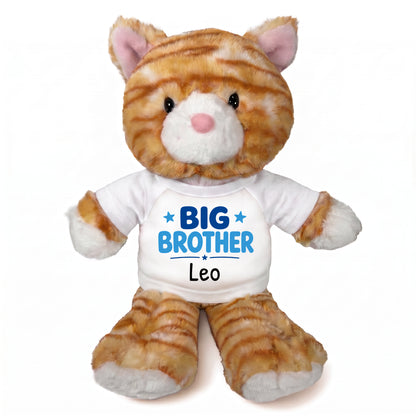 Personalized Big Brother Stuffed Cat - 12 Inch Plush Tabby Cat - White Shirt with Blue Design