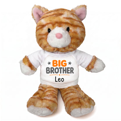 Personalized Big Brother Stuffed Cat - 12 Inch Plush Tabby Cat - White Shirt with Orange and Grey Design