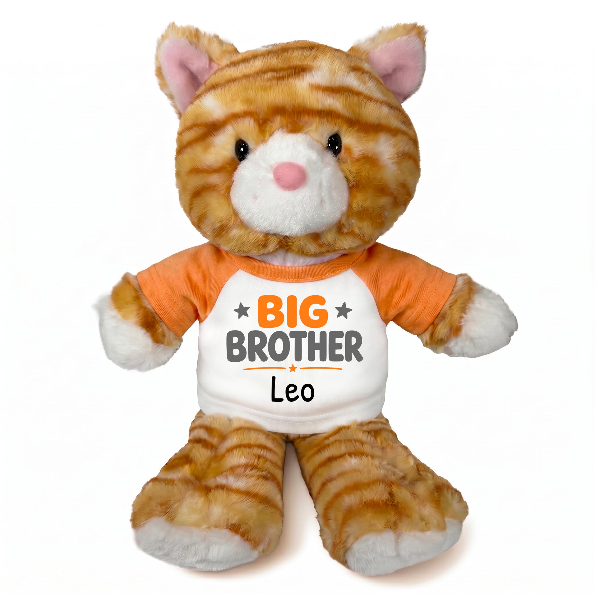 Personalized Big Brother Stuffed Cat - 12 Inch Plush Tabby Cat - Orange Shirt with Orange and Grey Design