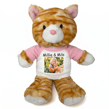 Personalized Stuffed Cat - 12 Inch TumbleToes Orange Tabby Cat with Photo and/or Text - Pink Shirt