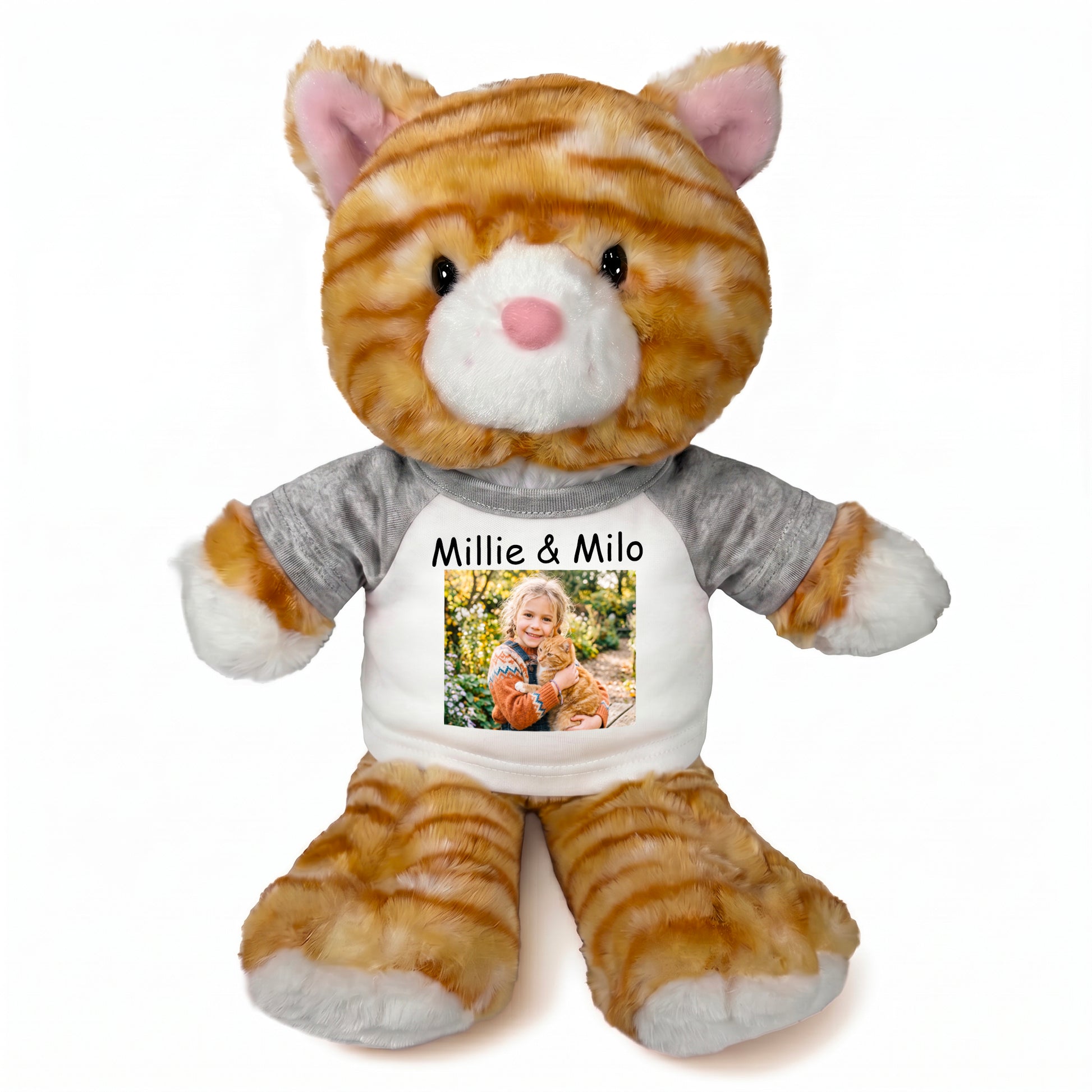 Personalized Stuffed Cat - 12 Inch TumbleToes Orange Tabby Cat with Photo and/or Text - Grey Shirt