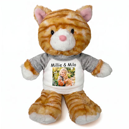 Personalized Stuffed Cat - 12 Inch TumbleToes Orange Tabby Cat with Photo and/or Text - Grey Shirt