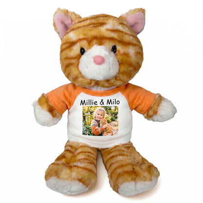 Personalized Stuffed Cat - 12 Inch TumbleToes Orange Tabby Cat with Photo and/or Text - Orange Shirt