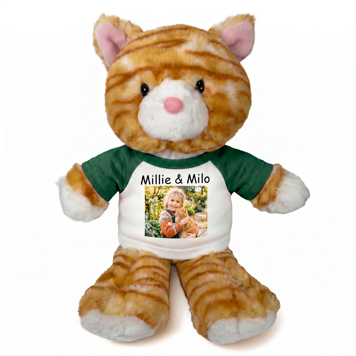 Personalized Stuffed Cat - 12 Inch TumbleToes Orange Tabby Cat with Photo and/or Text - Green Shirt