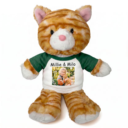 Personalized Stuffed Cat - 12 Inch TumbleToes Orange Tabby Cat with Photo and/or Text - Green Shirt