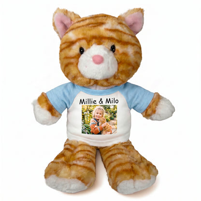 Personalized Stuffed Cat - 12 Inch TumbleToes Orange Tabby Cat with Photo and/or Text - Light Blue Shirt