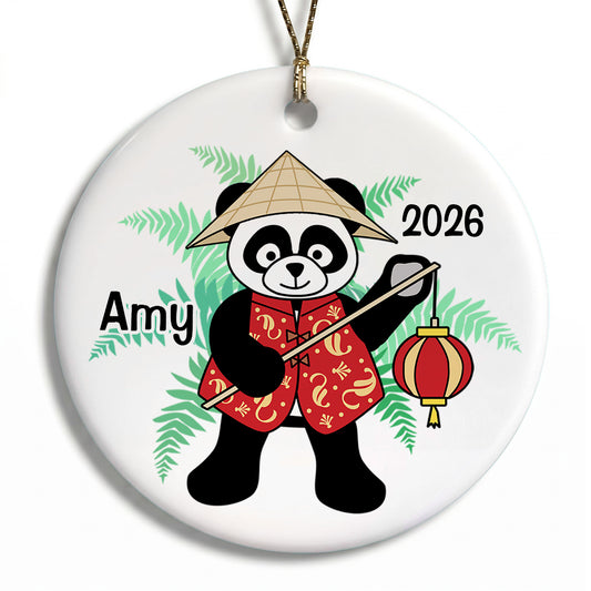 Asian Panda with Lantern Personalized Christmas Ornament - Red