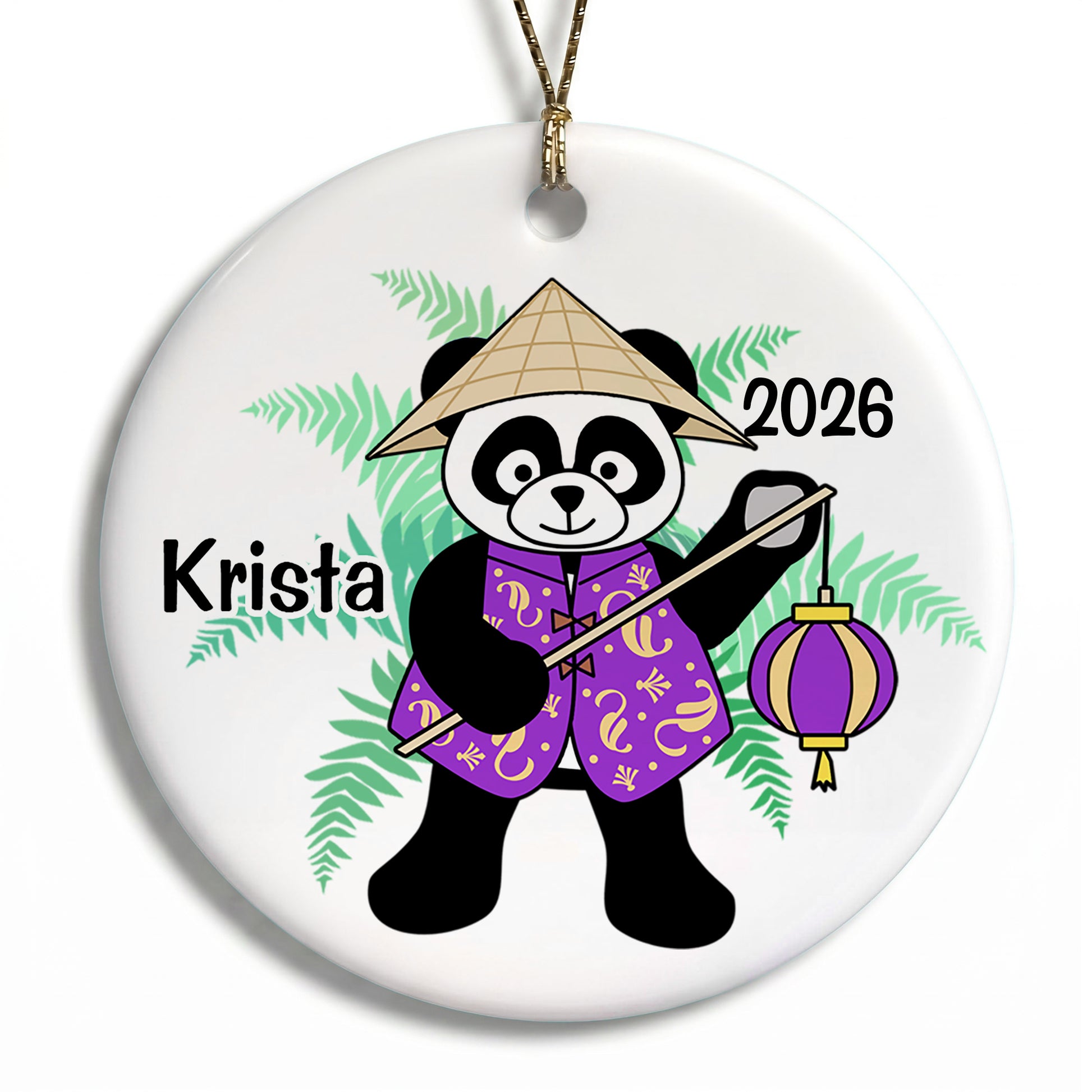 Asian Panda with Lantern Personalized Christmas Ornament - Purple