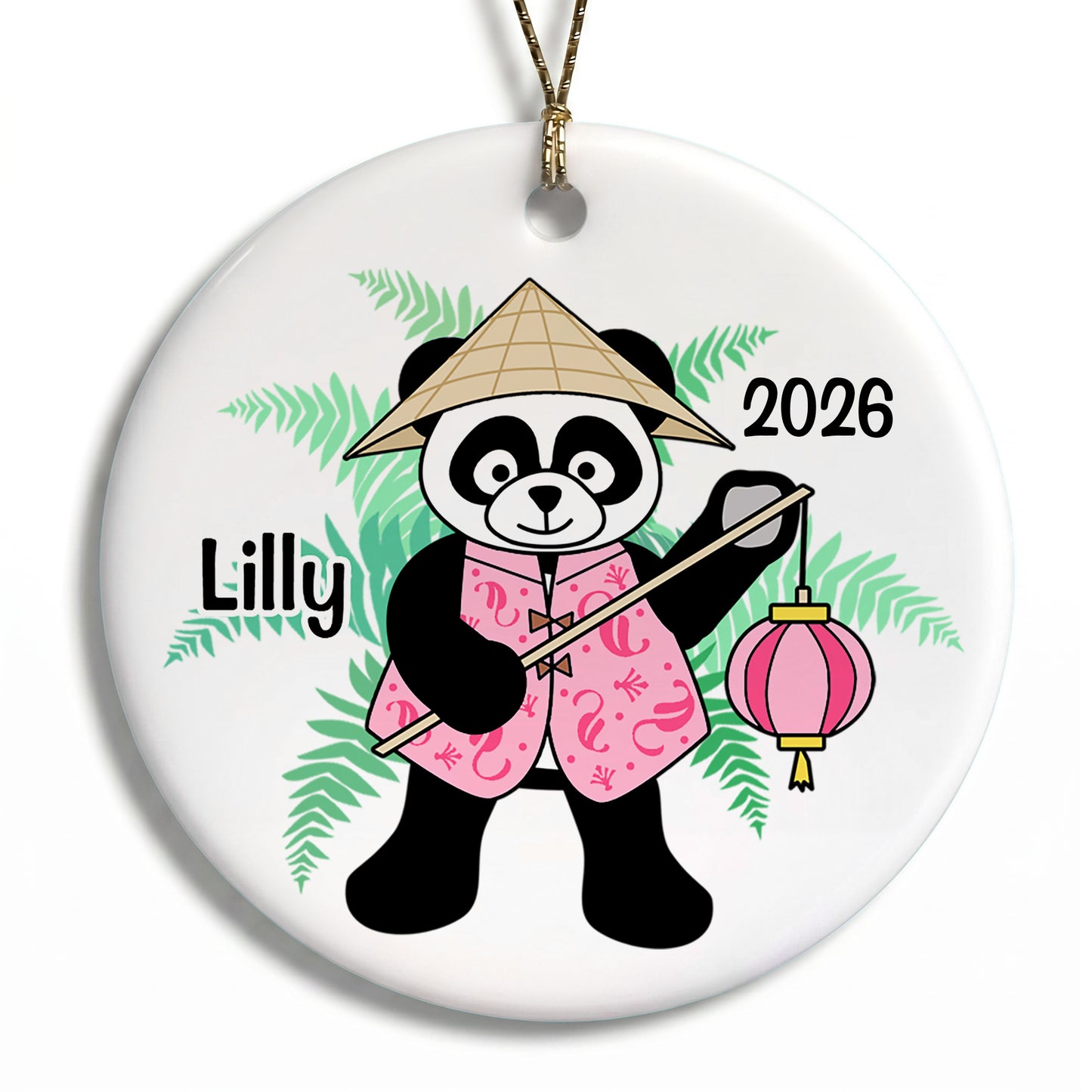 Asian Panda with Lantern Personalized Christmas Ornament - Pink