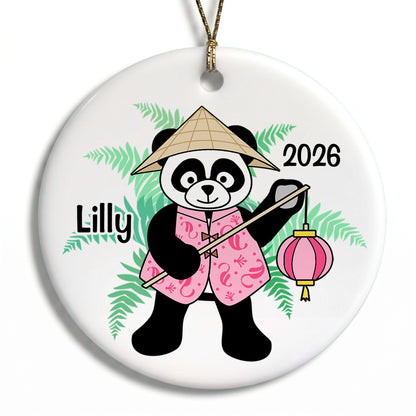 Asian Panda with Lantern Personalized Christmas Ornament - Pink