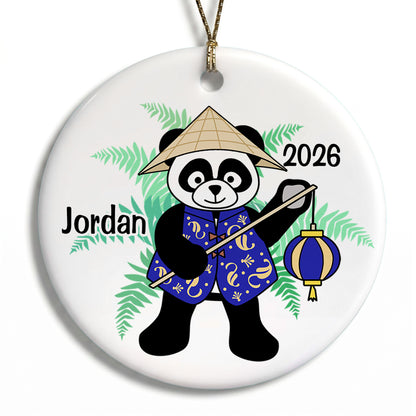 Asian Panda with Lantern Personalized Christmas Ornament - Blue