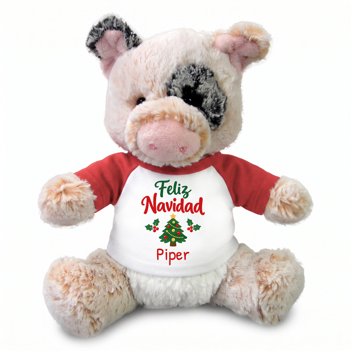 Personalized Christmas Stuffed Pig - 11 Inch Plush Percy Pig - Red, Feliz Navidad Tree