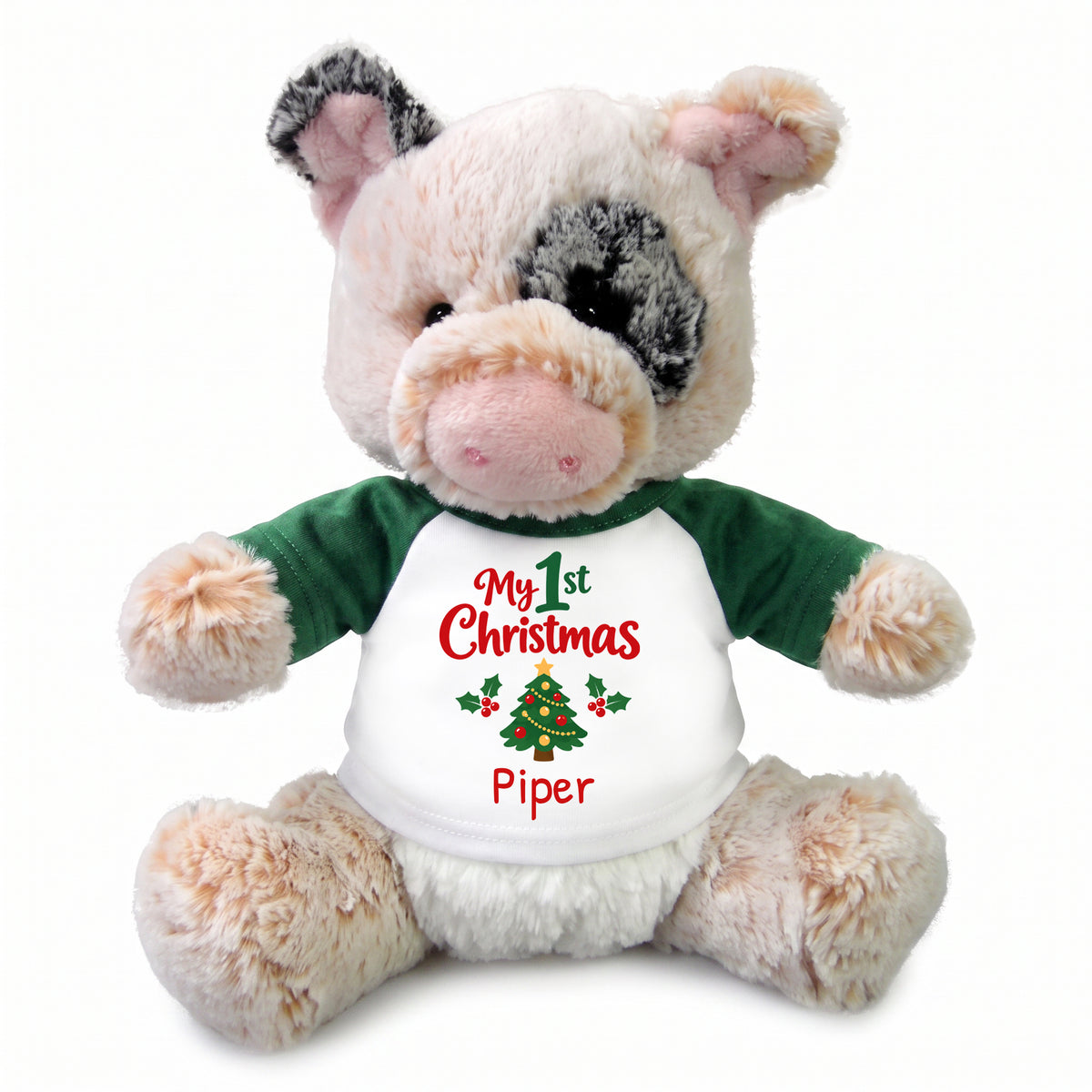 Personalized Christmas Stuffed Pig - 11 Inch Plush Percy Pig - Green, My 1st Christmas Tree