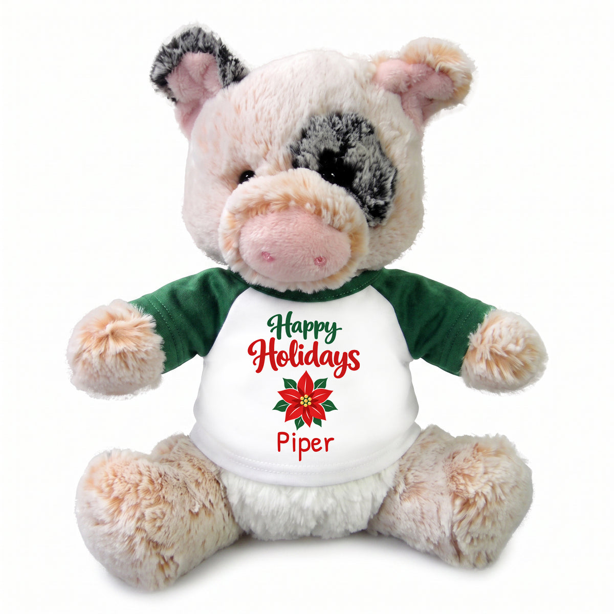 Personalized Christmas Stuffed Pig - 11 Inch Plush Percy Pig - Green, Happy Holidays Poinsettia