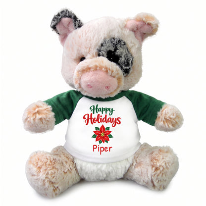 Personalized Christmas Stuffed Pig - 11 Inch Plush Percy Pig - Green, Happy Holidays Poinsettia