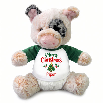 Personalized Christmas Stuffed Pig - 11 Inch Plush Percy Pig - Green, Merry Christmas Tree