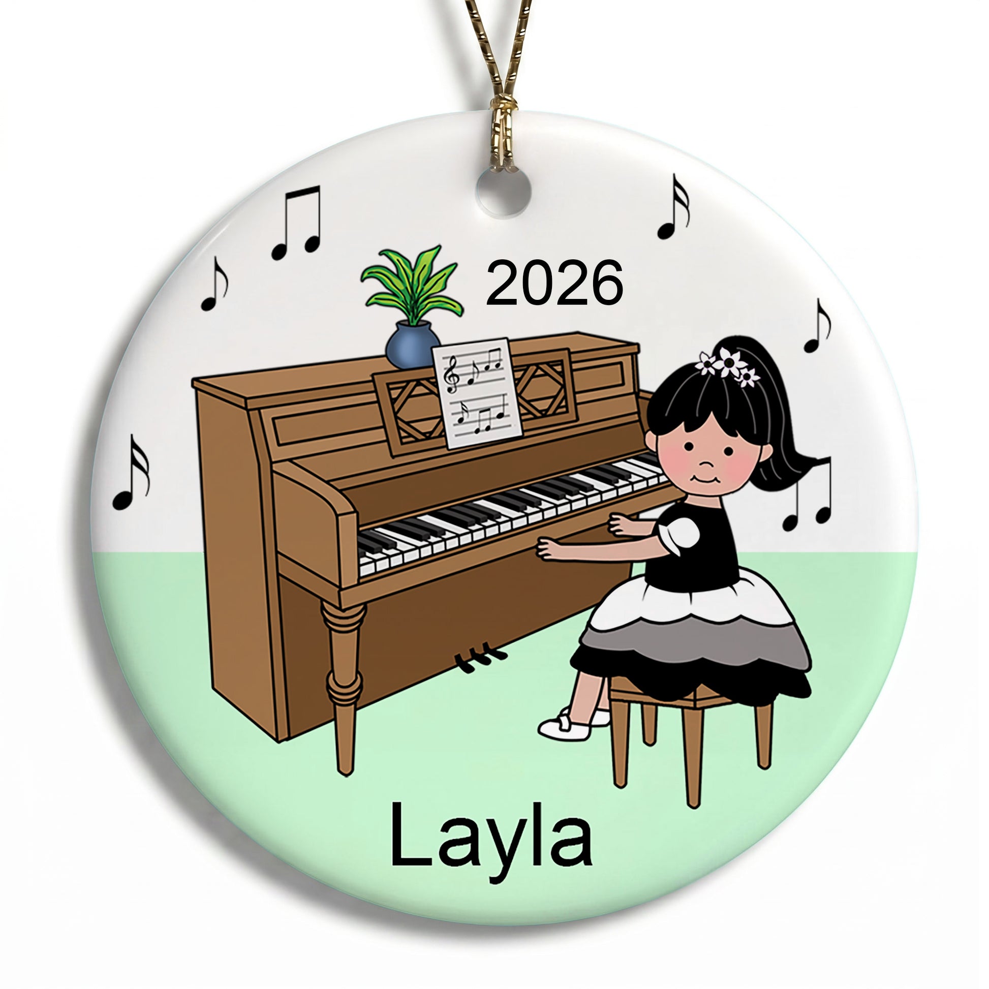 Piano Recital Girl Personalized Christmas Ornament - Black Hair