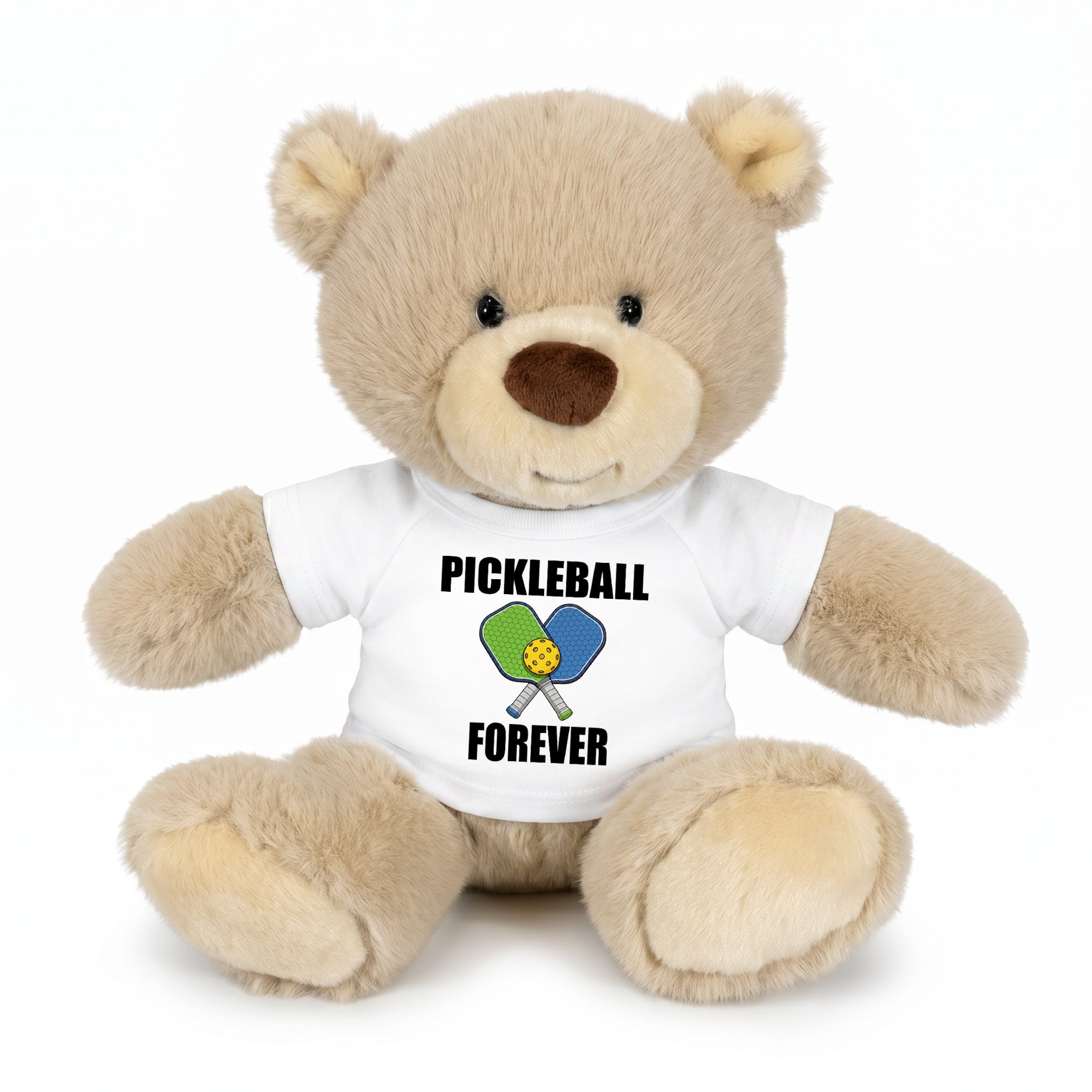 Personalized Pickleball Teddy Bear - 10" Tan Nuzzles Bear, Paddle Design - white shirt
