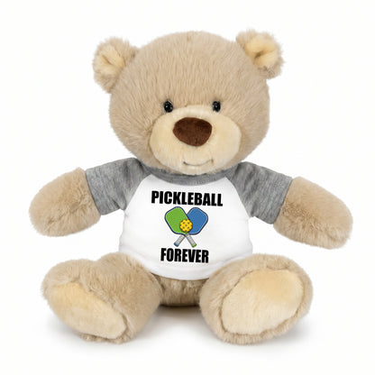 Personalized Pickleball Teddy Bear - 10" Tan Nuzzles Bear, Paddle Design - grey sleeved shirt