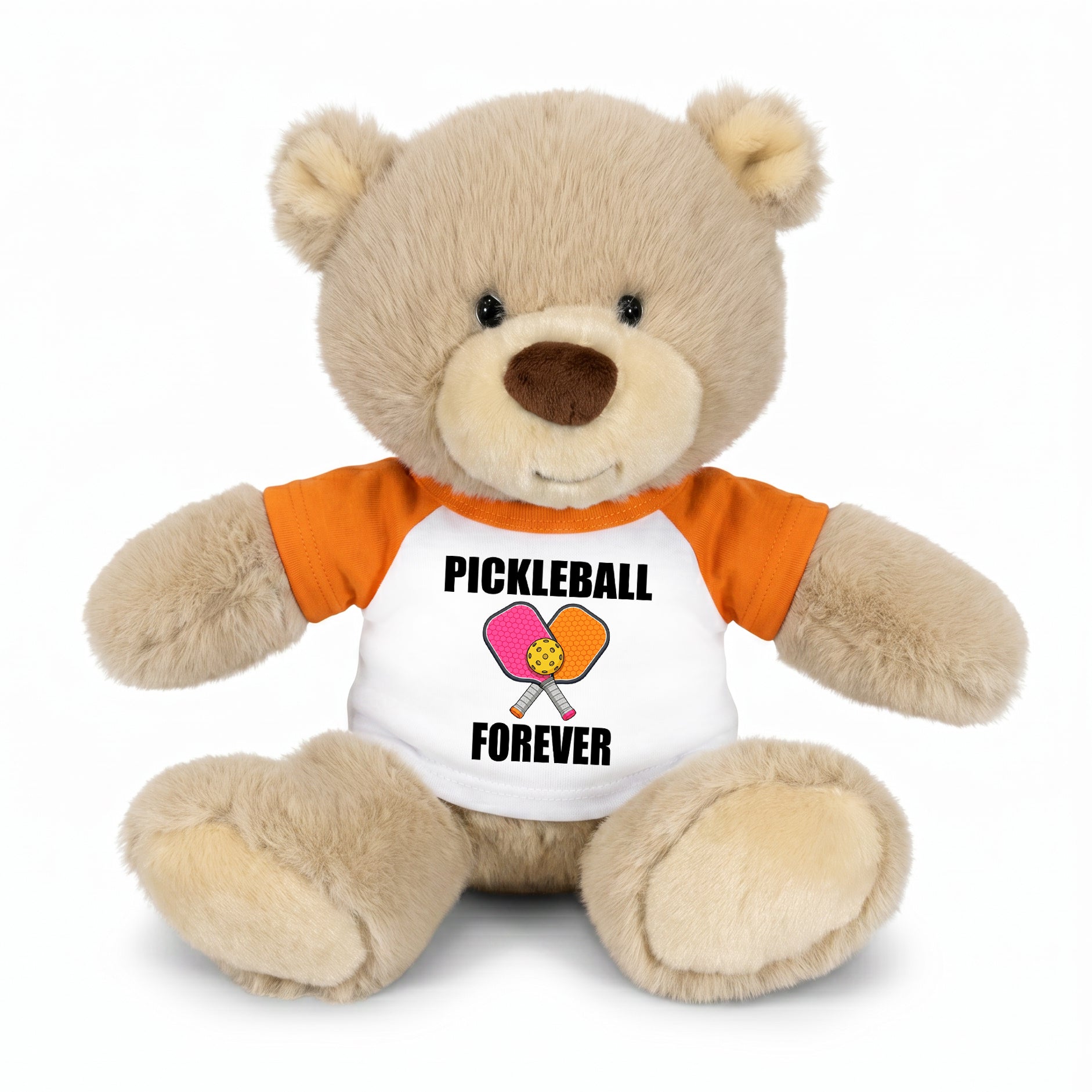 Personalized Pickleball Teddy Bear - 10" Tan Nuzzles Bear, Paddle Design- orange sleeved shirt