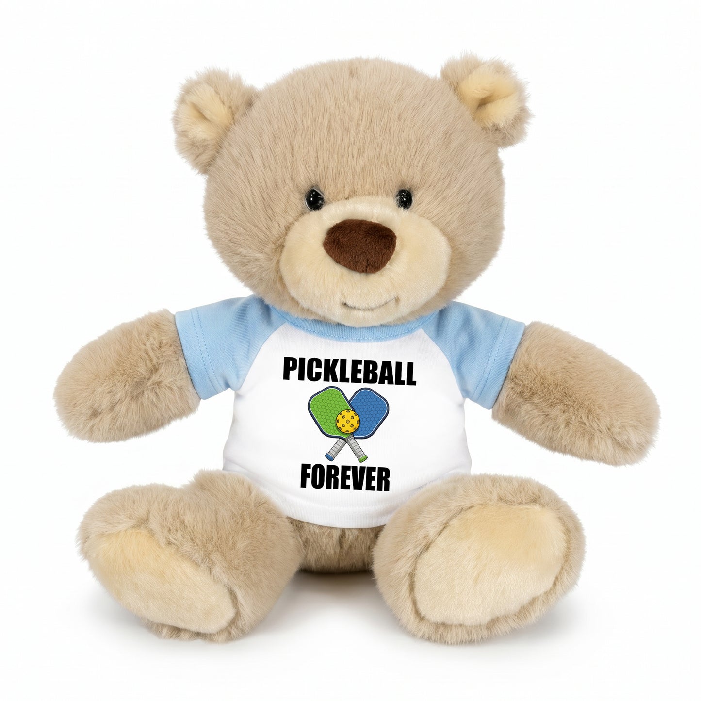 Personalized Pickleball Teddy Bear - 10" Tan Nuzzles Bear, Paddle Design - light blue sleeved shirt